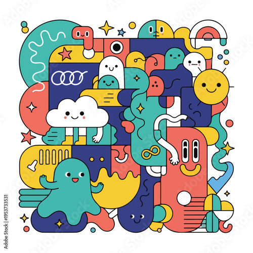 A whimsical, colorful illustration with many cartoon characters and shapes