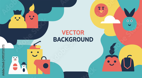 A whimsical geometric graphic with smiling cartoon characters