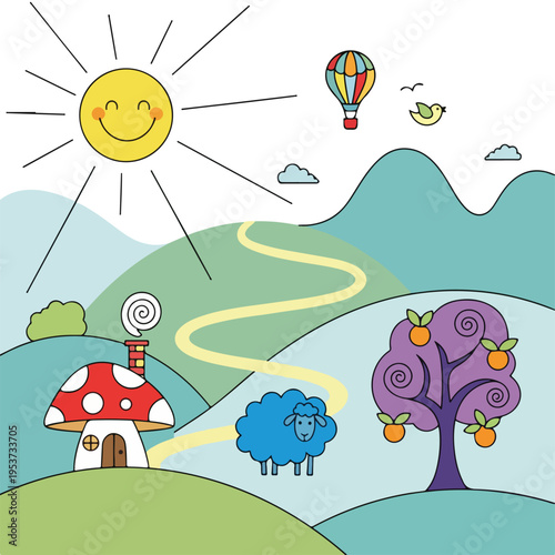 A whimsical landscape with a sun, house, sheep, tree, and hot air balloon