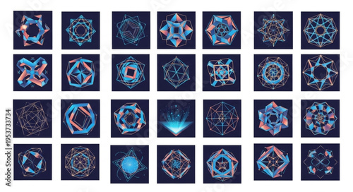 Collection of Abstract Geometric Designs with Vibrant Colors and Intricate Patterns.