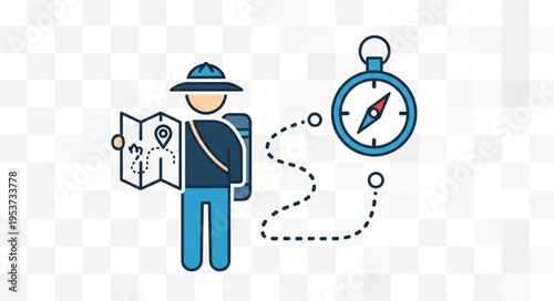 Illustration of a traveler with map and compass navigating a route.