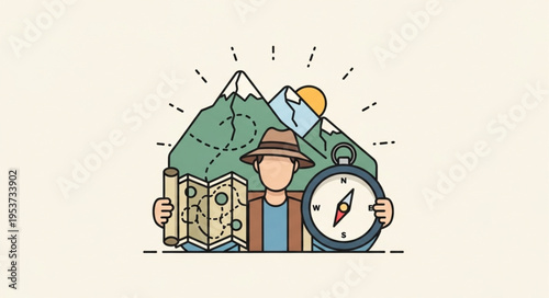 Adventurer with Map, Compass, and Mountain Landscape Illustration.