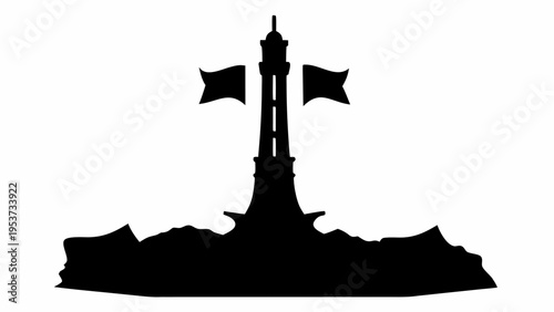 Minar e pakistan monument silhouette at sunset with flags waving iconic cultural symbol