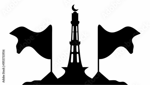 Minar e pakistan monument silhouette with flags and crescent moon symbolizing national pride and patriotism
