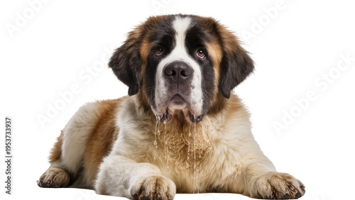 Tableau sur toile Majestic Saint Bernard dog lying down, drooling with clear saliva, full body stu