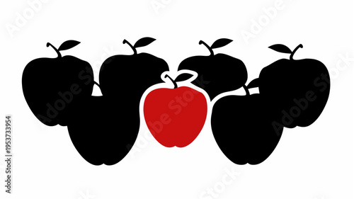 One red apple standing out among many black apples in a row on white background
