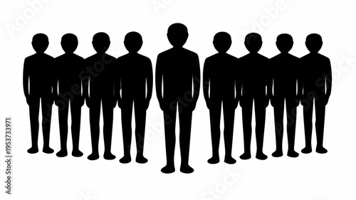 Silhouettes of people standing in a crowd with one person standing out isolated on white background for concepts of individuality and community