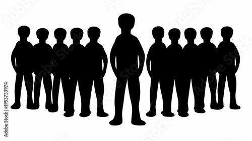 Silhouette of a crowd of people with one person standing out in front symbolizing individuality and leadership on a white background