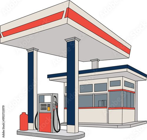 Modern minimal gas station illustration with fuel pump, petrol service building, clean vector design, automotive energy infrastructure concept for transportation and urban roadside business
