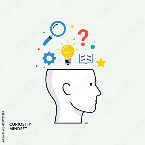 A white silhouette head with thoughts above lightbulb, gears, question mark, book