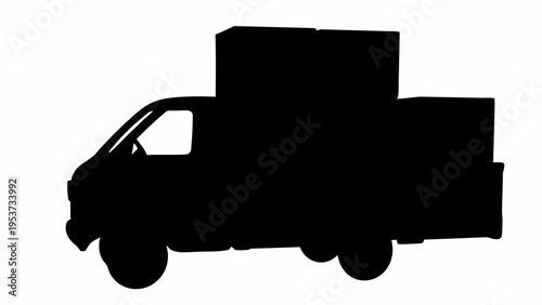 Delivery truck with package boxes silhouette black vehicle profile transportation and logistics concept cargo van with boxes on white background