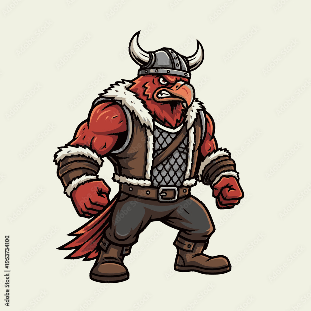 Naklejka premium Strong red bird Viking warrior mascot character with horned helmet and fur vest. Angry cartoon avian barbarian illustration.