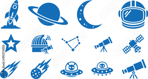 A collection of blue space icons on a white background including planets spacecraft and astronomy equipment for educational or design purposes