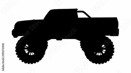 Black silhouette pickup truck with rugged off road tires on white background side view