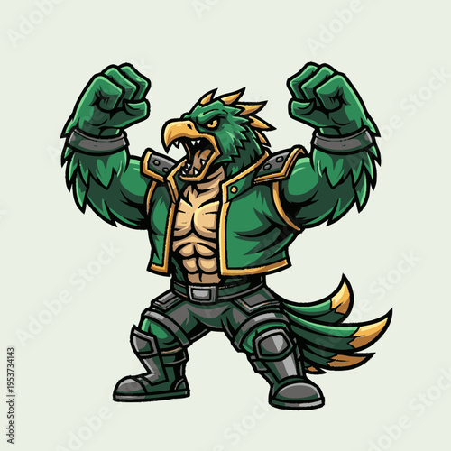 Powerful green muscular bird character flexing biceps, strong anthropomorphic fantasy animal mascot illustration, full body.