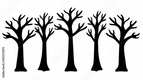 Row of identical trees with one different shape standing out in a line on white background