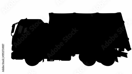 Black silhouette garbage truck collecting waste on a white background for environmental or industrial concepts