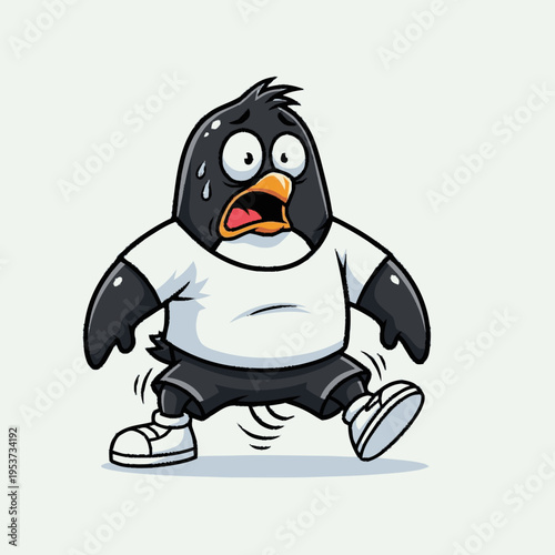 Cartoon penguin exhausted and sweating in workout clothes after strenuous exercise with surprised expression