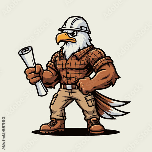 Strong muscular eagle mascot builder holding blueprints and wearing a hard hat, representing construction or engineering
