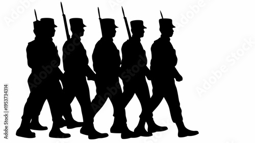 Soldiers marching in formation military parade silhouette against white background five uniformed men with rifles