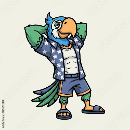 Relaxed cartoon parrot mascot in Hawaiian shirt, shorts, and sandals. Summer tropical vacation character illustration.