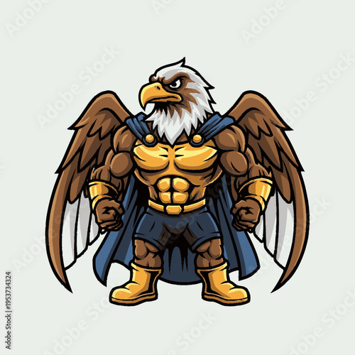 Mighty muscular eagle cartoon mascot illustration wearing a flowing cape and golden armor, symbolizing power and strength.