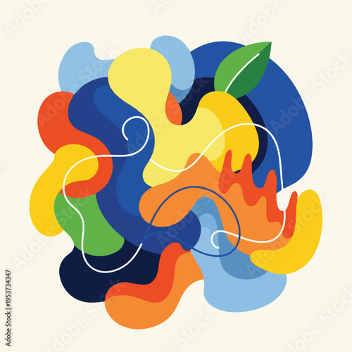 Abstract artwork featuring colorful organic shapes with white curved lines