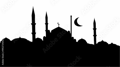 Mosque silhouette with crescent moon and flag at dusk islamic architecture symbol