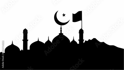Mosque skyline with crescent moon and flag silhouette islamic architecture with domes and minarets on hill