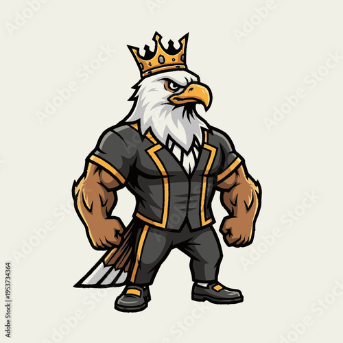 Regal Eagle King Mascot in Suit with Golden Crown. Powerful Cartoon Illustration Character Emblem.