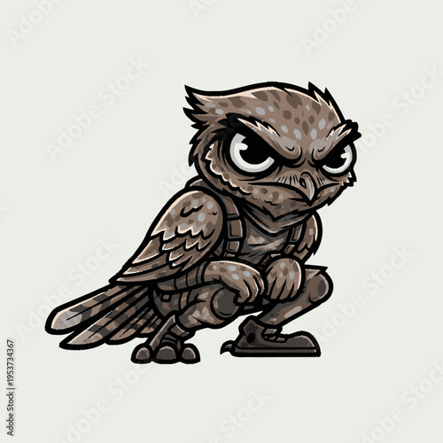 Gritty Cartoon Owl Mascot Illustration Squatting with Intense Gaze and Tough Expression on Isolated Background