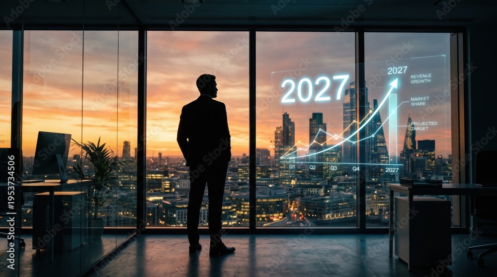 Fototapeta premium Executive silhouette in office with 2027 market expansion and revenue forecast chart. Business concept.