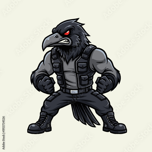 Aggressive Muscular Crow Bird Mascot in Tactical Gear Vector Illustration with Fierce Red Eyes and Clenched Fists
