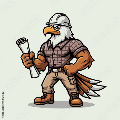 Muscular eagle construction worker mascot wearing a hard hat and holding blueprints, symbolizing building and engineering.