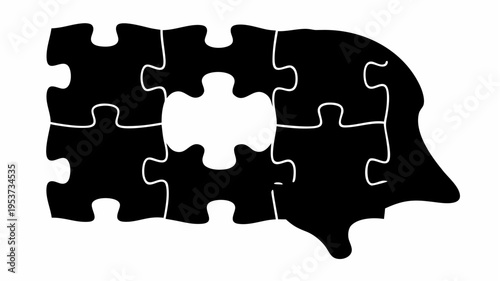 Black puzzle pieces forming a human head silhouette with one missing piece on white background symbolizing incomplete solution