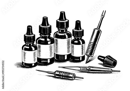 Tattooing supplies including ink bottles and needles, presented in a vintage illustration style