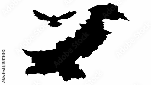 Silhouette map of pakistan with flying birds on white background symbolizing freedom and travel