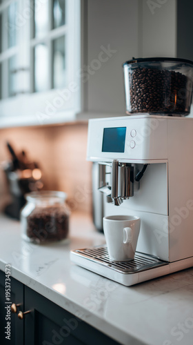 A sleek espresso machine with a cup, coffee beans, and controls on a stylish kitchen countertop.