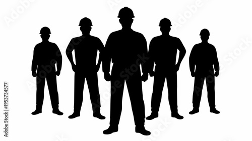 Team of workers in silhouette with one leader standing confidently in front hard hats on against a plain white background representing collaboration and leadership
