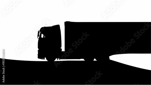 Truck driving on highway silhouette with road transportation concept black and white illustration