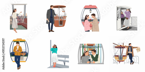 Set of flat illustrations featuring men and women in various romantic and travel scenarios involving cable cars, gondolas, and sightseeing activities.