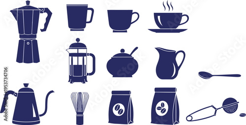Collection of various coffee and tea brewing equipment and accessories