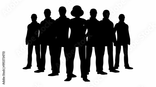 Team of workers silhouettes with one leader standing confidently in front business concept on white background