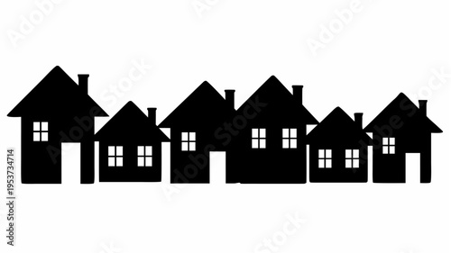 Row of identical houses with one unique house standing out in a simple black silhouette vector illustration on white background for real estate and architecture concepts