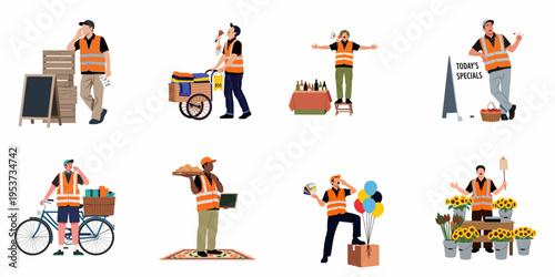 Flat Vector Illustration Collection of Diverse Street Vendors and Delivery Workers Wearing High-Visibility Orange Vests and Selling Various Goods.