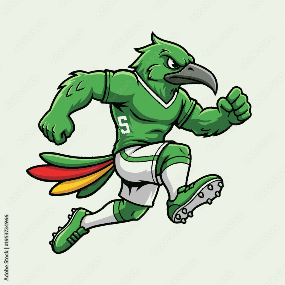 Obraz premium Dynamic green bird mascot in a running pose, wearing a sports uniform and cleats, athletic cartoon illustration
