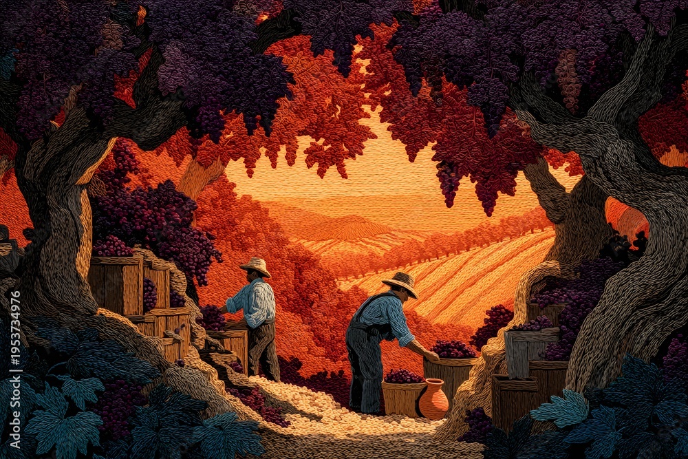 Obraz premium Vineyard workers tenderly harvest grapes beneath glowing skies their hands stained purple.