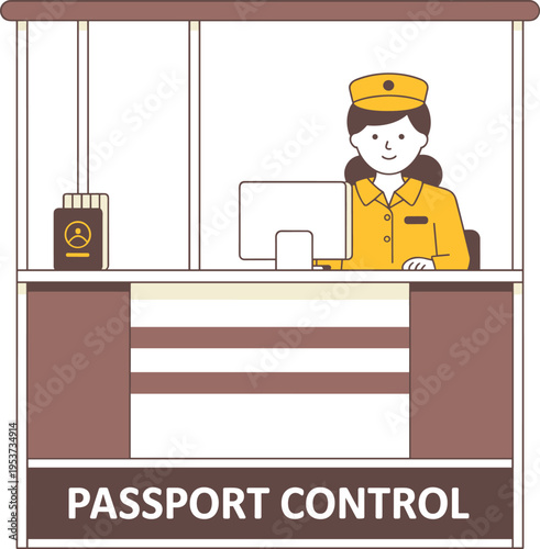 Passport control vector illustration with airport officer checking documents at immigration desk