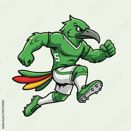 Dynamic green bird mascot in a running pose, wearing a sports uniform and cleats, athletic cartoon illustration