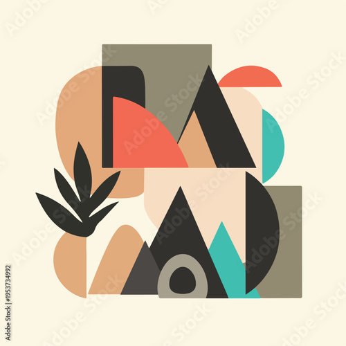 Abstract composition of shapes in muted tones, creating a graphic design